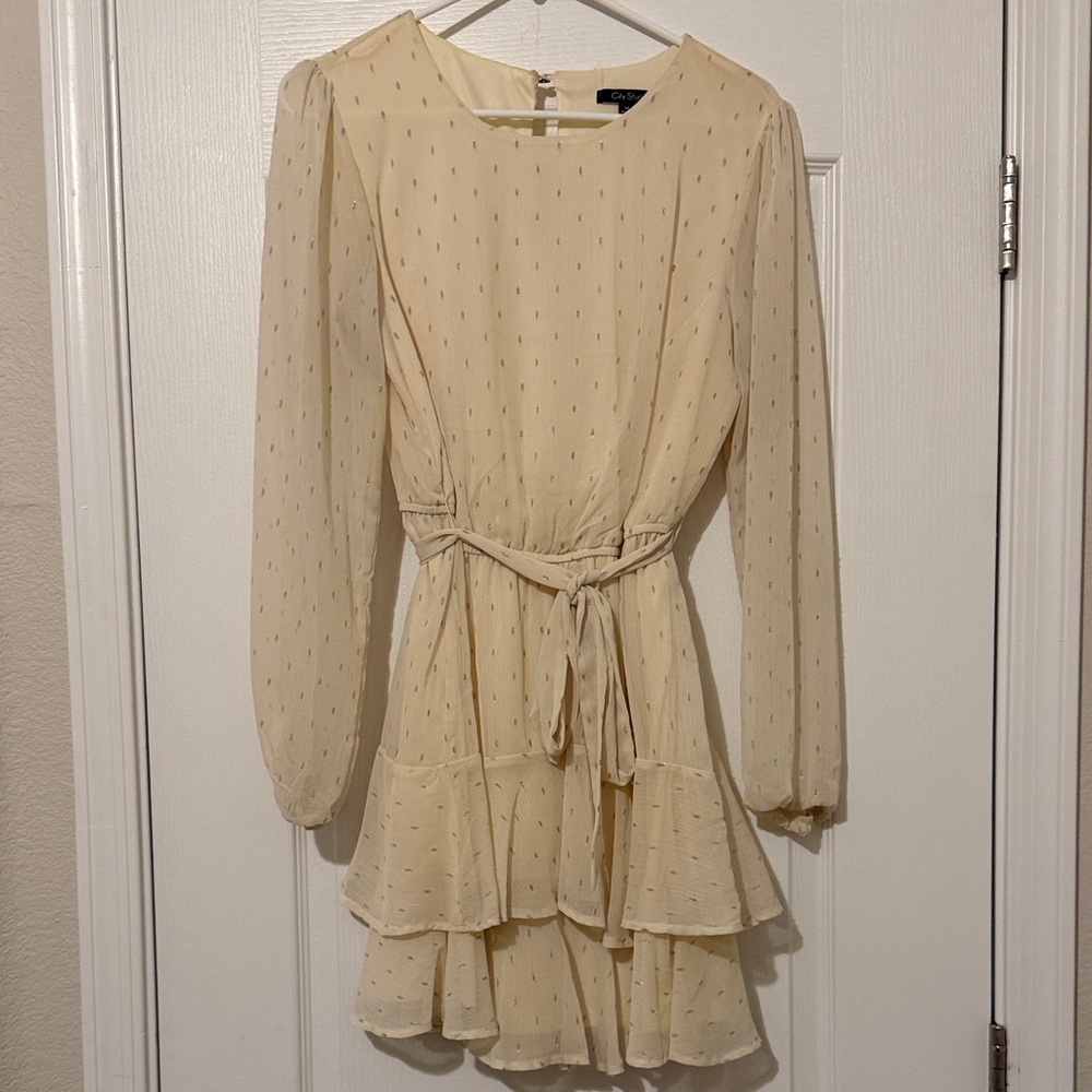 City Studio Cream Chiffon Tiered Tie-Waist Mini Dress